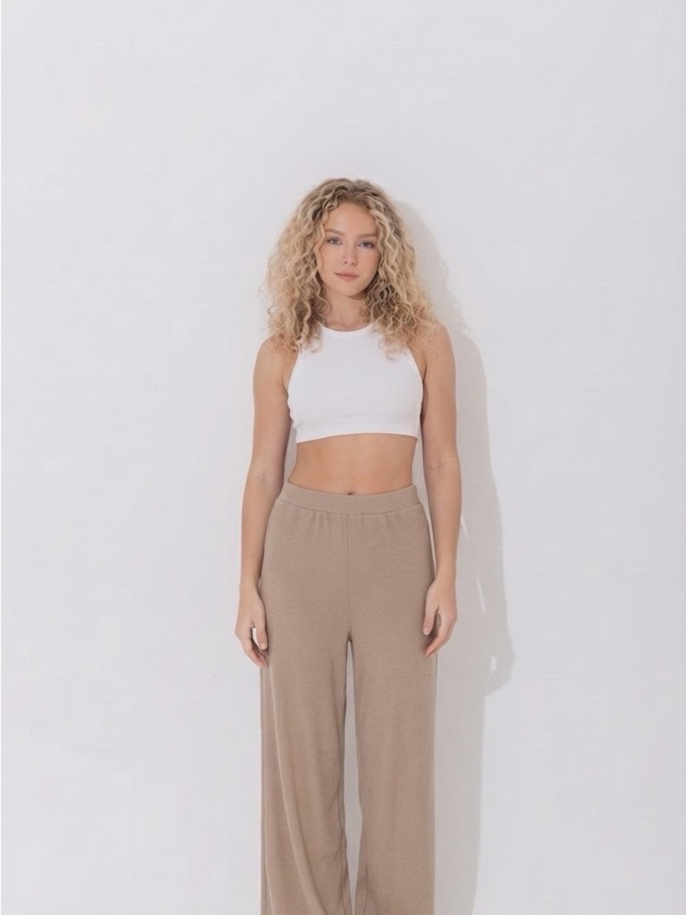 Zara Wide-Leg Knit Pants in Beige